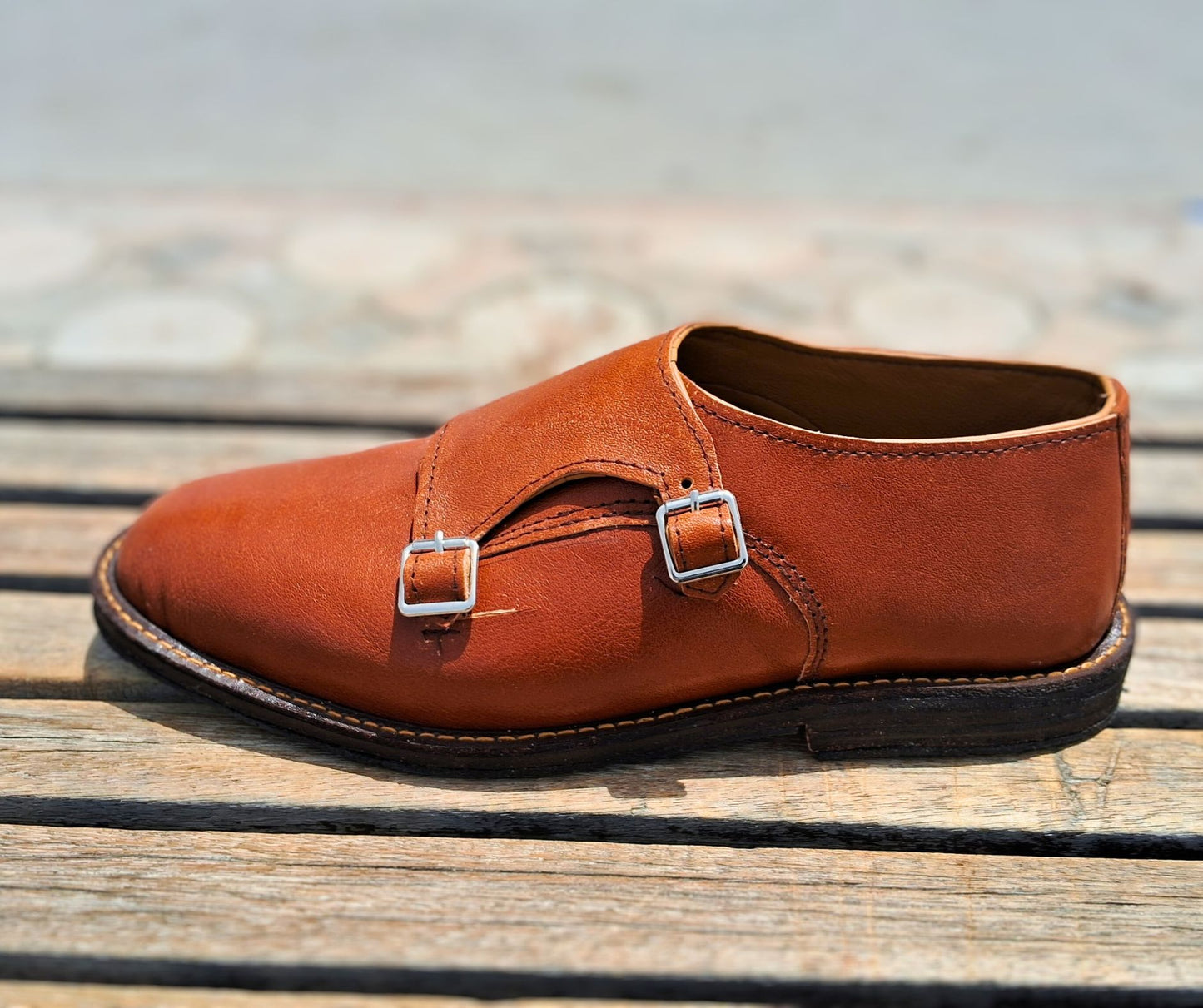 Double Strap Shoes Genuine Leather Plain toe Brown
