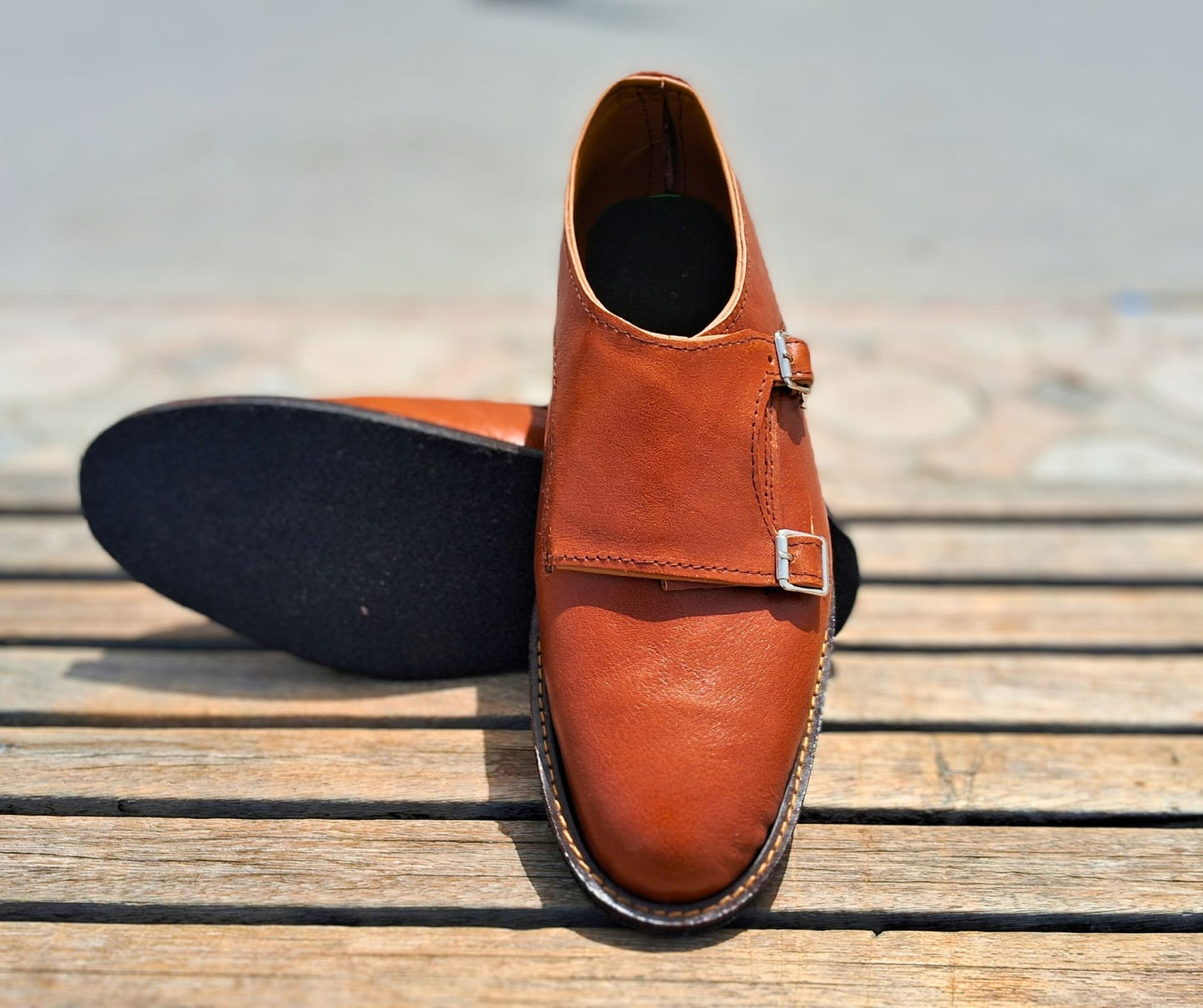 Double Strap Shoes Genuine Leather Plain toe Brown