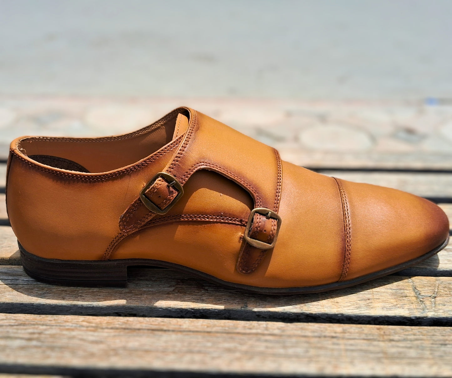 Double Strap Shoes Genuine Leather Cap toe Brown