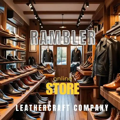 Interior of a leathercraft store with shoes and jackets displayed, featuring the brand 'Rambler'.