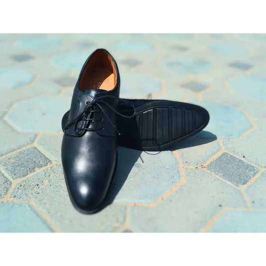 Derby Shoes Genuine Leather Plane Toe Black - Rambler Shoes FZE