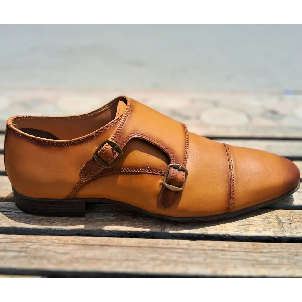 Double Strap Shoes Genuine Leather Cap toe Brown - 41 - Leather Shoes for men