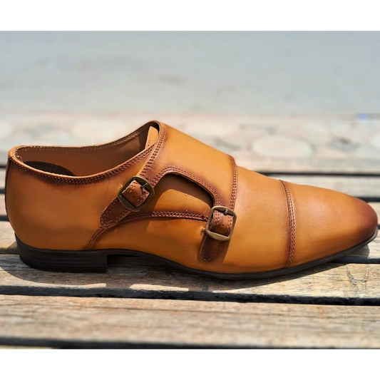 Double Strap Shoes Genuine Leather Cap toe Brown - 41 - Leather Shoes for men