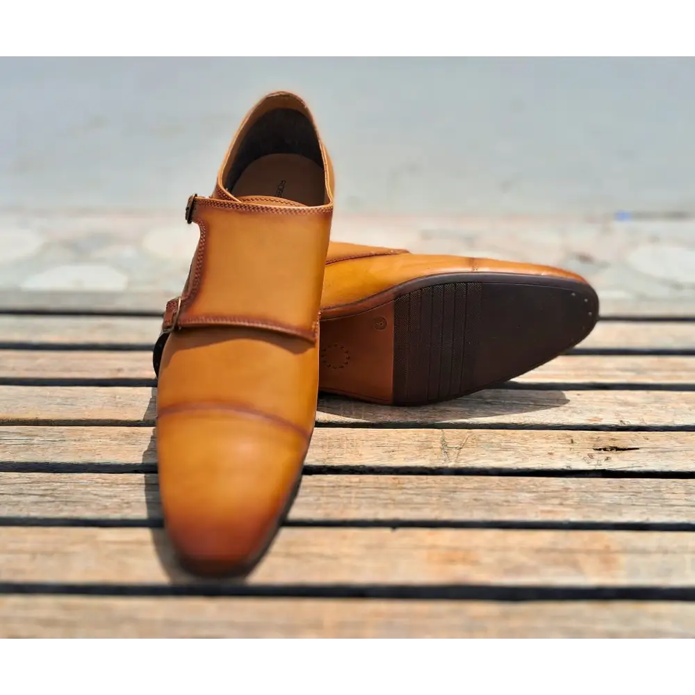 Double Strap Shoes Genuine Leather Cap toe Brown - 41 - Leather Shoes for men