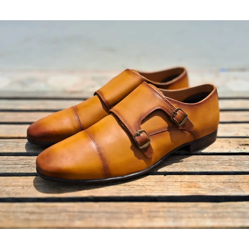 Double Strap Shoes Genuine Leather Cap toe Brown - 41 - Leather Shoes for men