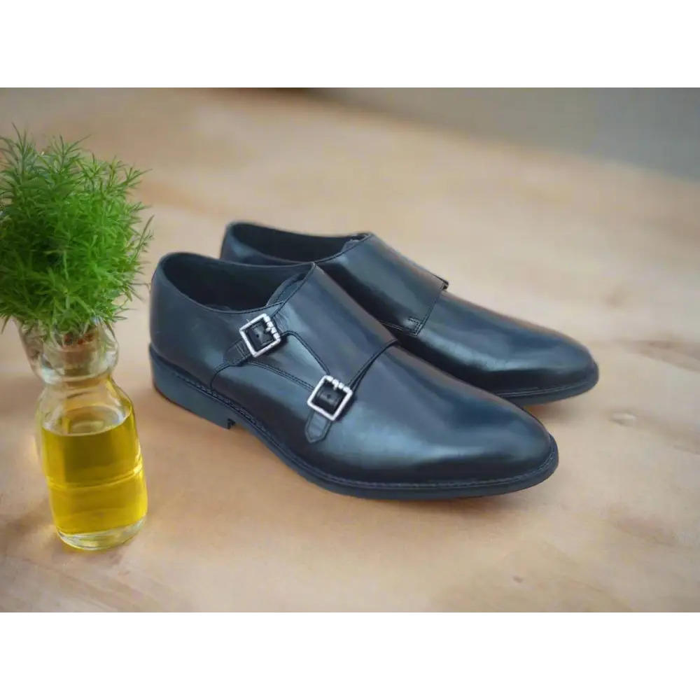 Double Strap Shoes Genuine Leather Plain toe Black - Rambler Shoes FZE