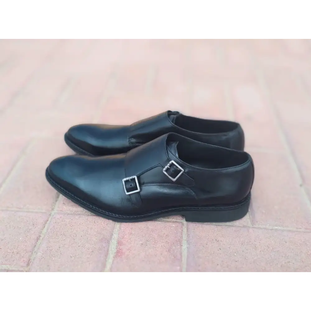 Double Strap Shoes Genuine Leather Plain toe Black - Rambler Shoes FZE