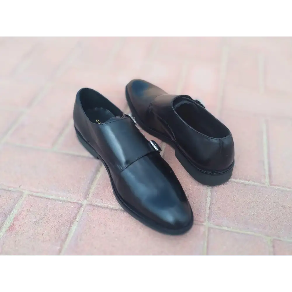 Double Strap Shoes Genuine Leather Plain toe Black - Rambler Shoes FZE