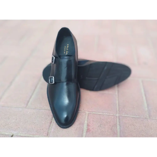 Double Strap Shoes Genuine Leather Plain toe Black - Rambler Shoes FZE