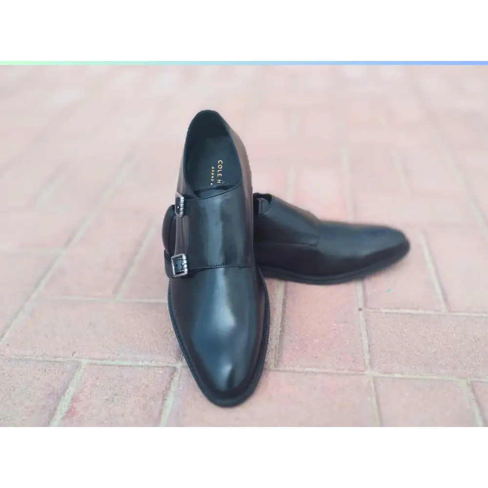 Double Strap Shoes Genuine Leather Plain toe Black - Rambler Shoes FZE