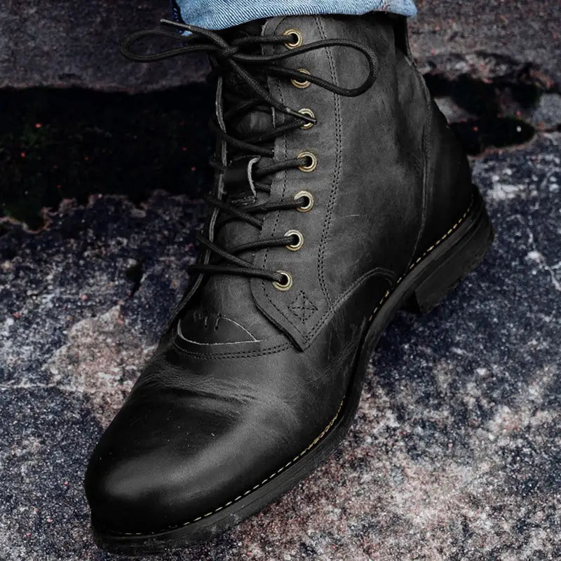 Men Cowboy Boots Retro Lace-up Martin Boot Round Toe Low Heel Shoes - Leather Shoes for men