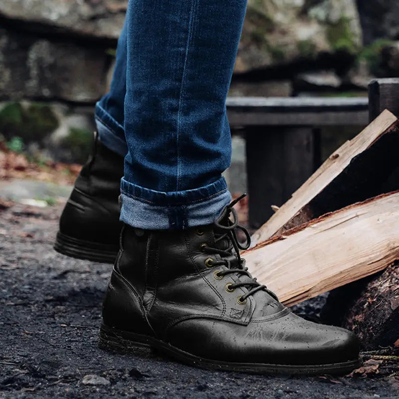 Men Cowboy Boots Retro Lace-up Martin Boot Round Toe Low Heel Shoes - Leather Shoes for men