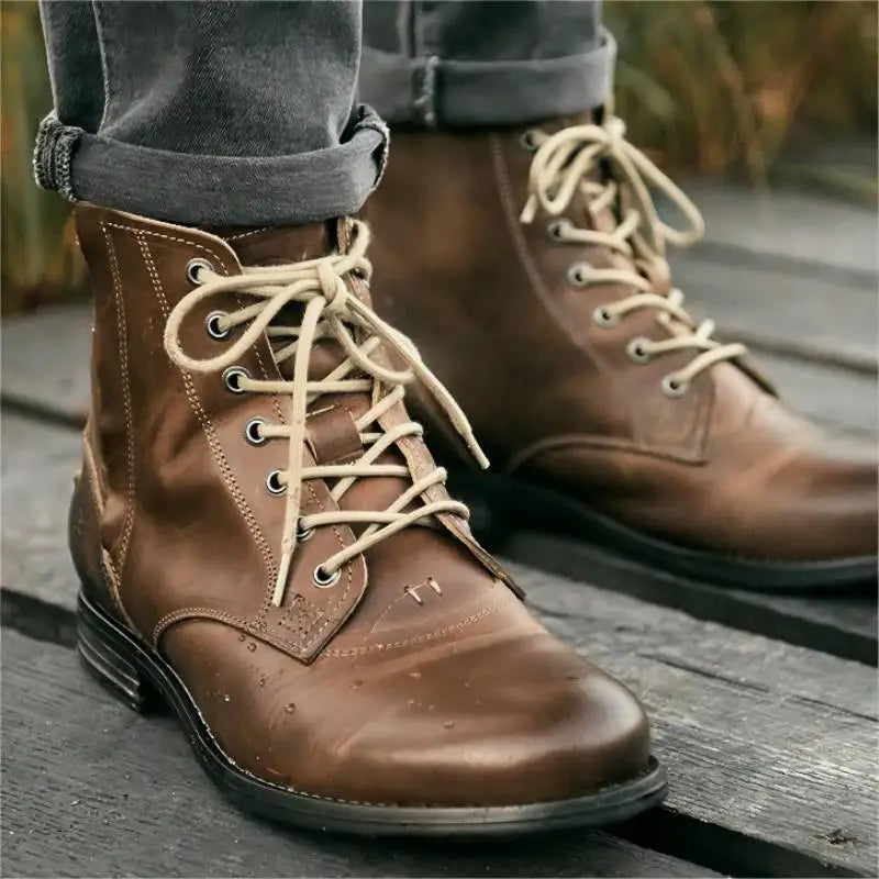 Men Cowboy Boots Retro Lace-up Martin Boot Round Toe Low Heel Shoes - Leather Shoes for men