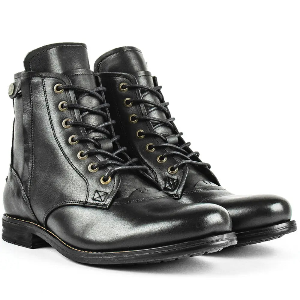 Men Cowboy Boots Retro Lace-up Martin Boot Round Toe Low Heel Shoes - Black / Size38 - Leather Shoes for men