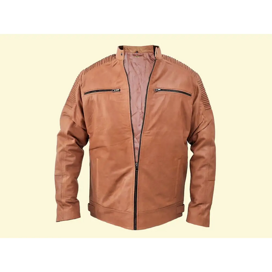 Men Jacket: Leather Jacket Beige Genuine Leather - XL