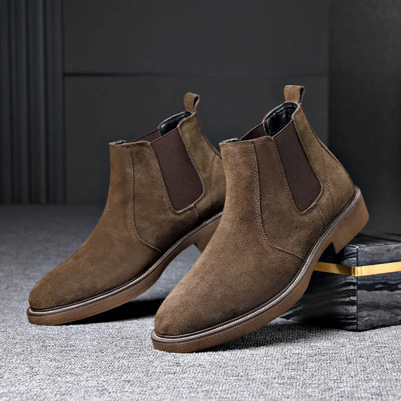 Men’s Suede Leather Autumn And Winter New Fleece-lined Pointed Ankle Boots - 1388 Brown Plus Velvet / 38 - Leather