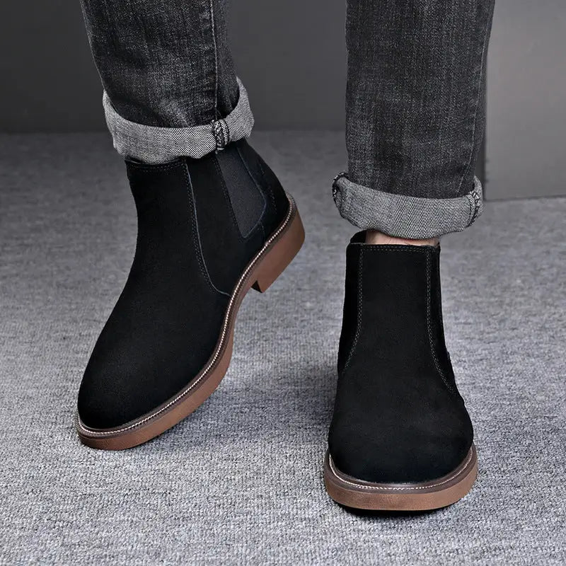 Men’s Suede Leather Autumn And Winter New Fleece-lined Pointed Ankle Boots - Leather Shoes for men
