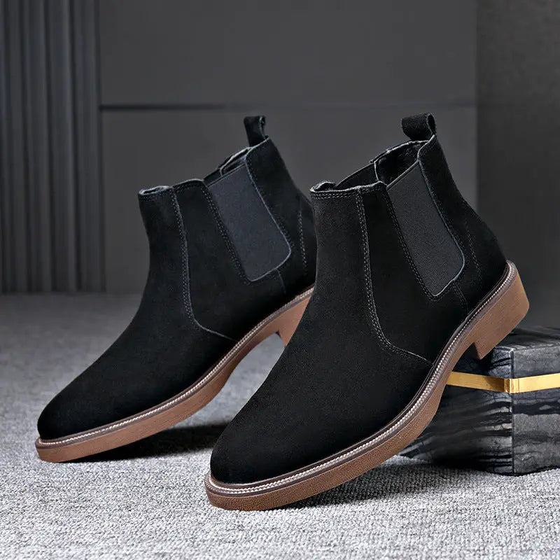 Men’s Suede Leather Autumn And Winter New Fleece-lined Pointed Ankle Boots - 1388 Black Plus Velvet / 38 - Leather