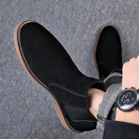 Men’s Suede Leather Autumn And Winter New Fleece-lined Pointed Ankle Boots - Leather Shoes for men