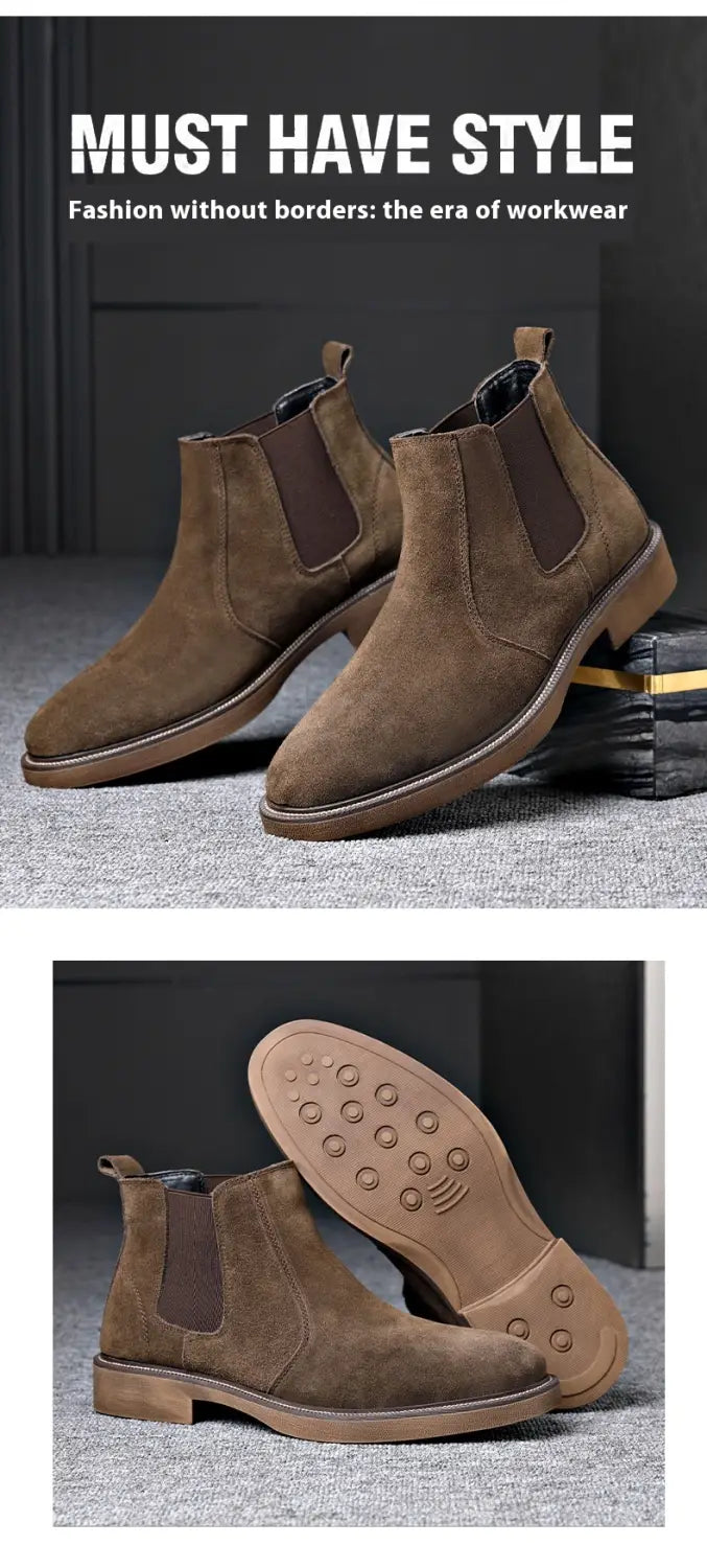 Men’s Suede Leather Autumn And Winter New Fleece-lined Pointed Ankle Boots