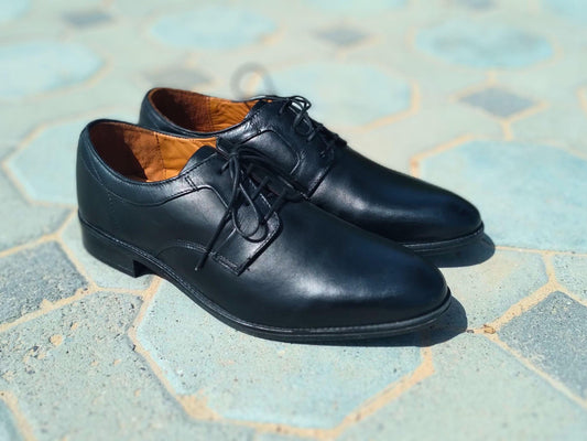 Derby Shoes Genuine Leather Plane Toe Black - Rambler Shoes FZE