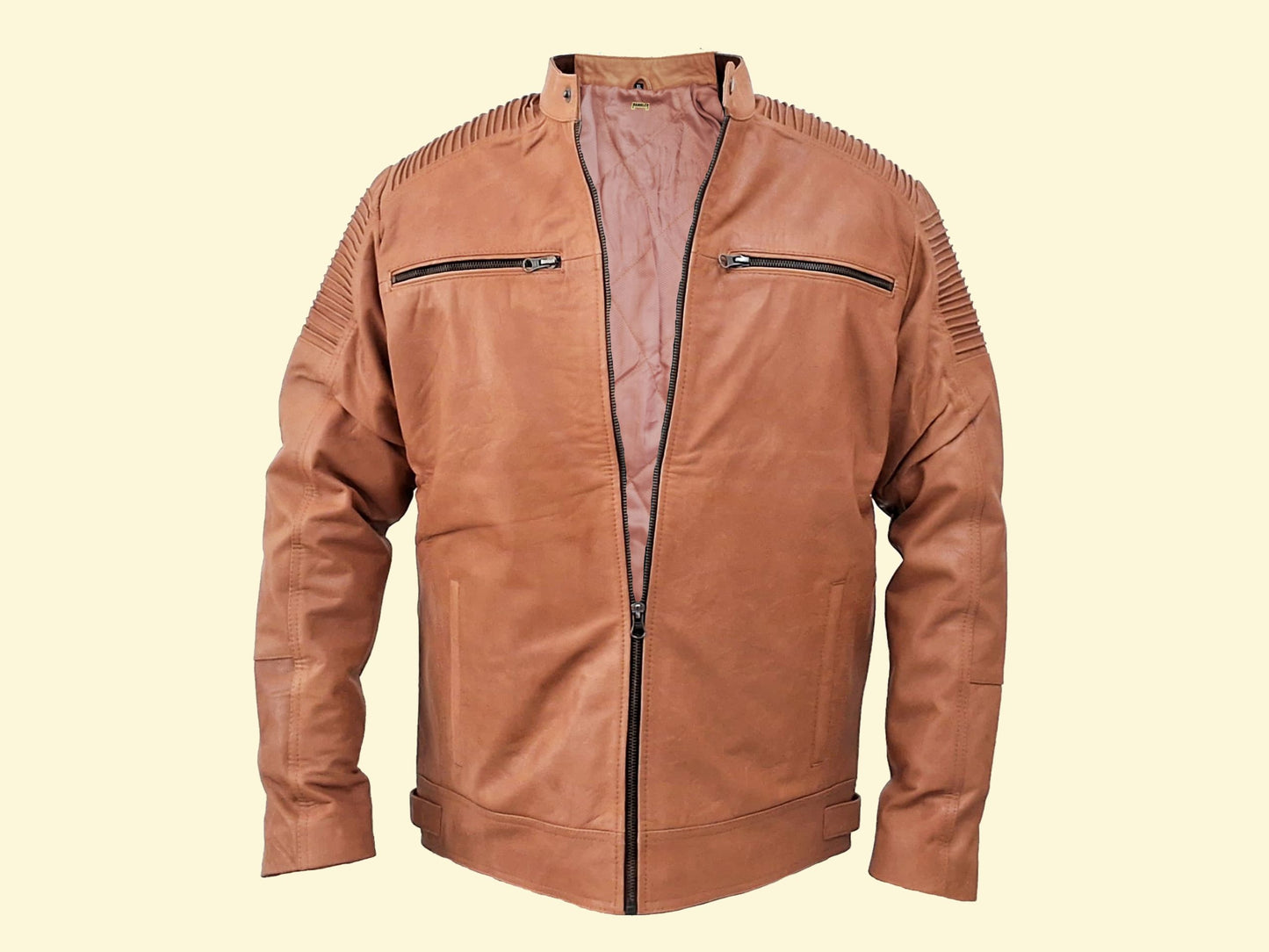 Men Jacket : Leather Jacket Beige Genuine Leather