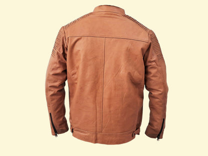 Men Jacket : Leather Jacket Beige Genuine Leather