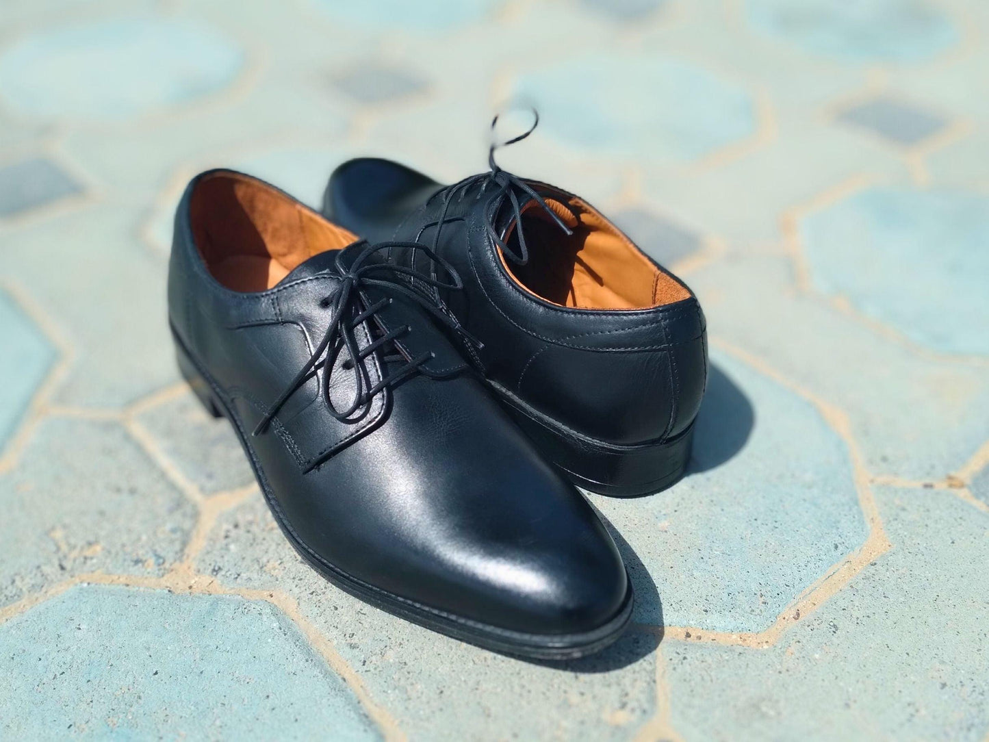 Derby Shoes Genuine Leather Plane Toe Black - Rambler Shoes FZE