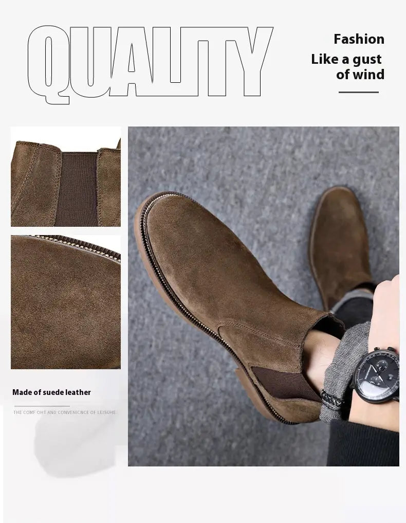 Men’s Suede Leather Autumn And Winter New Fleece-lined Pointed Ankle Boots