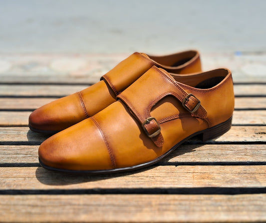 Double Strap Shoes Genuine Leather Cap toe Brown