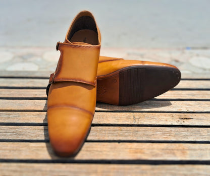 Double Strap Shoes Genuine Leather Cap toe Brown