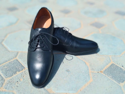 Derby Shoes Genuine Leather Plane Toe Black - Rambler Shoes FZE