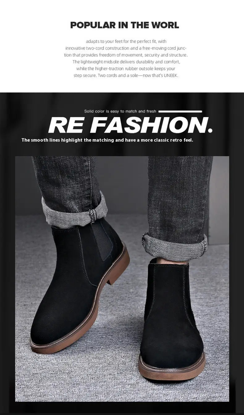 Men’s Suede Leather Autumn And Winter New Fleece-lined Pointed Ankle Boots