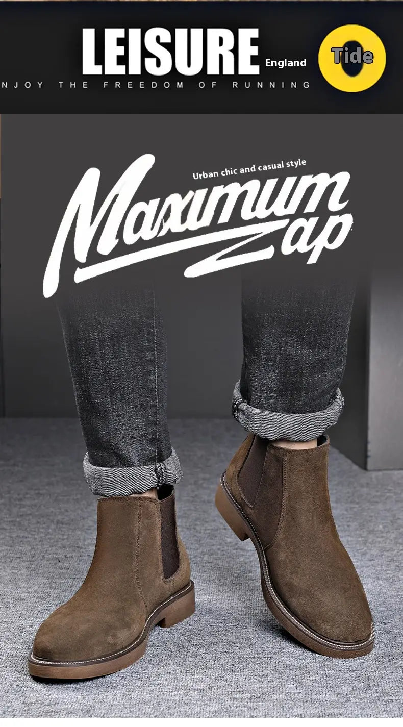 Men’s Suede Leather Autumn And Winter New Fleece-lined Pointed Ankle Boots