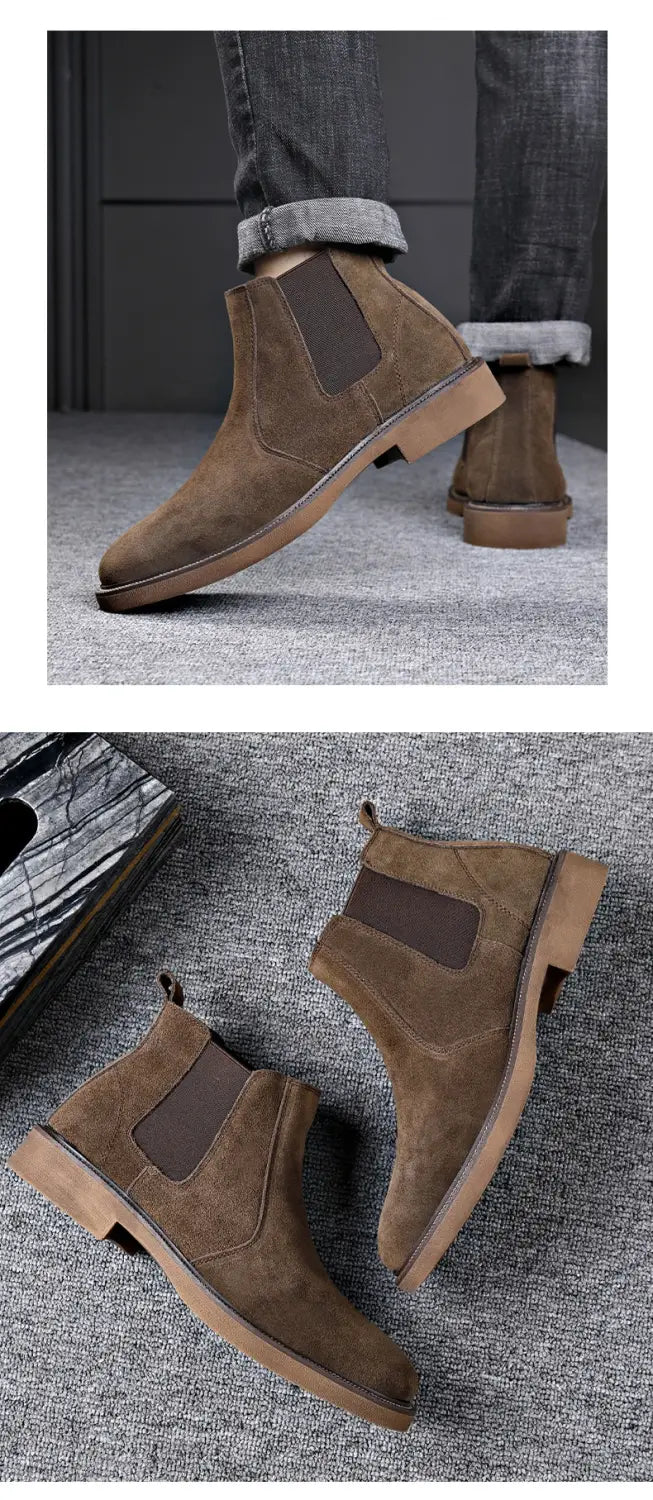 Men’s Suede Leather Autumn And Winter New Fleece-lined Pointed Ankle Boots