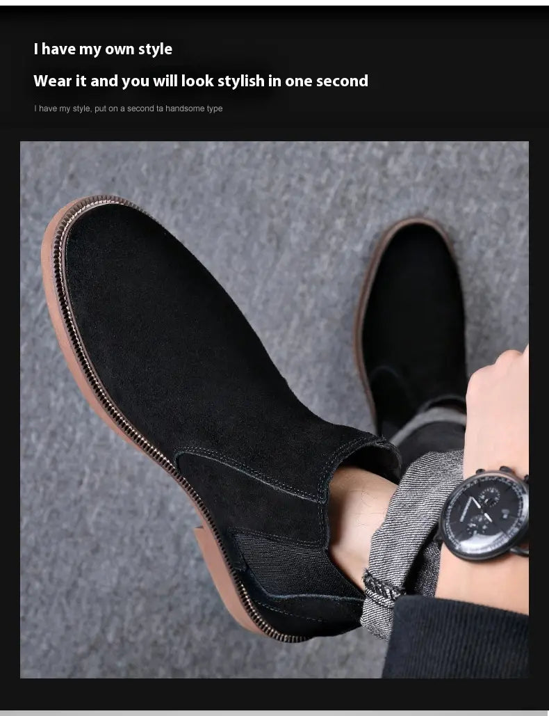 Men’s Suede Leather Autumn And Winter New Fleece-lined Pointed Ankle Boots