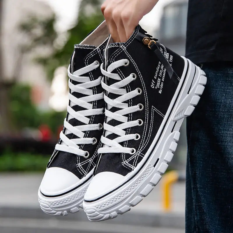 Breathable High-Top Casual Men’s Canvas Shoes Sneaker - Black / 39 - Leather Shoes for men