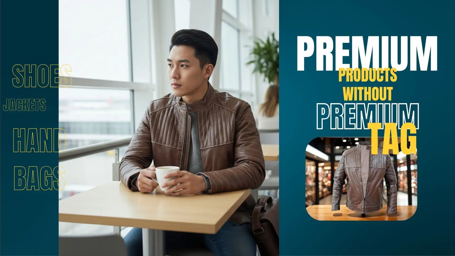 Brown leather jacket with quilted details and zipper closure.