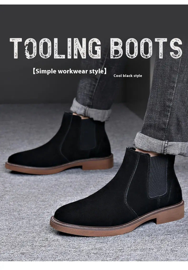 Men’s Suede Leather Autumn And Winter New Fleece-lined Pointed Ankle Boots