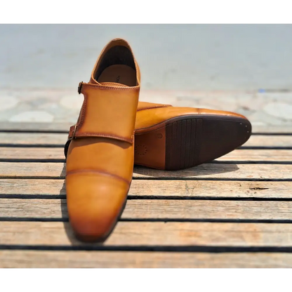 Double Strap Shoes Genuine Leather Cap toe Brown - 41 - Leather Shoes for men