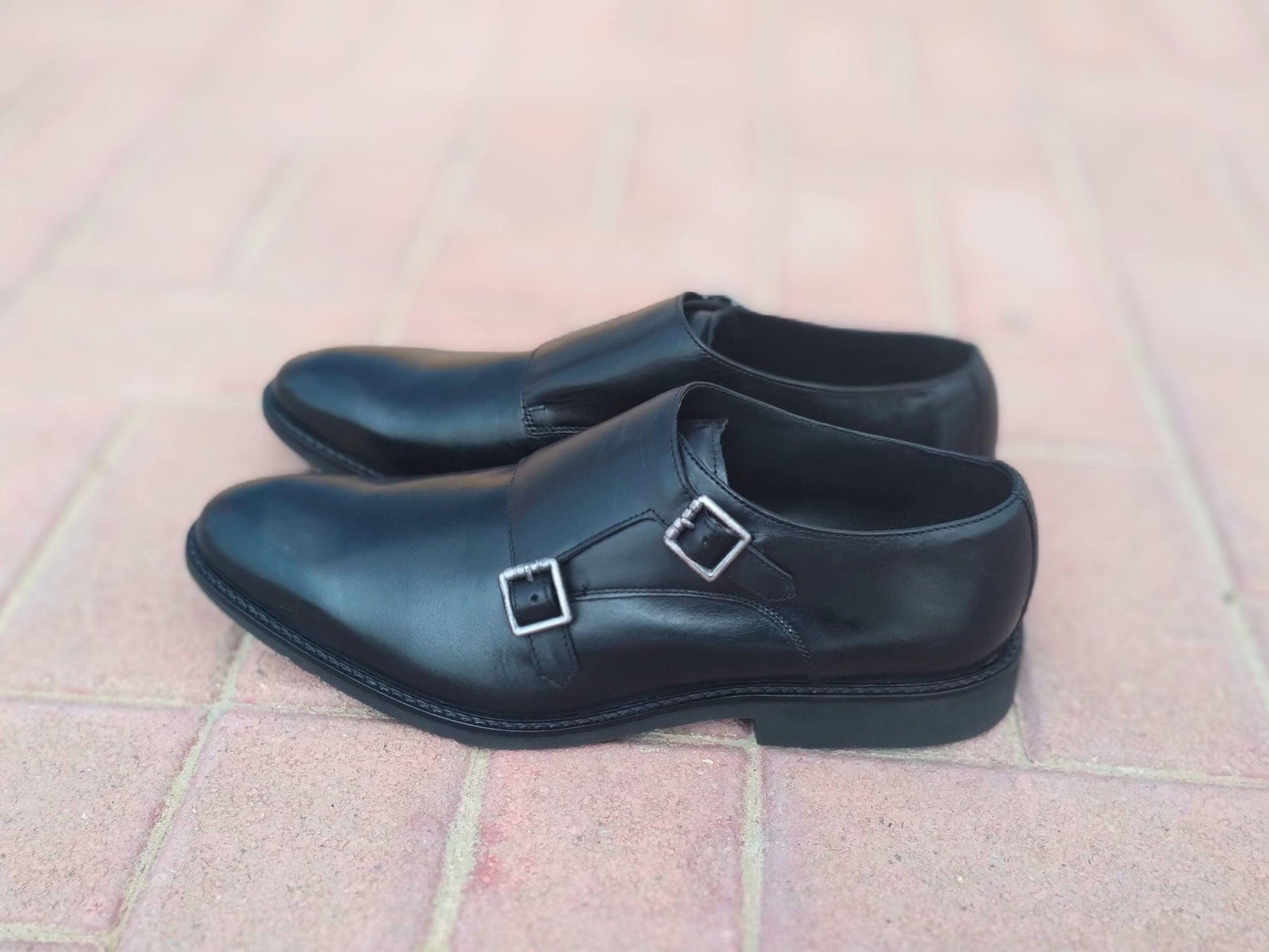 Double Strap Shoes Genuine Leather Plain toe Black - Rambler Shoes FZE