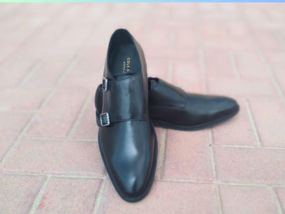 Double Strap Shoes Genuine Leather Plain toe Black - Rambler Shoes FZE