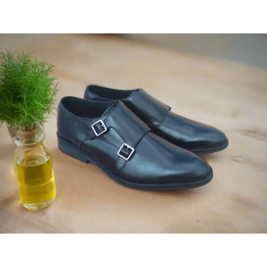 Double Strap Shoes Genuine Leather Plain toe Black - Rambler Shoes FZE