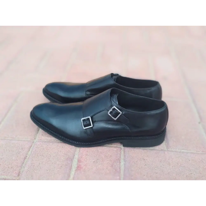 Double Strap Shoes Genuine Leather Plain toe Black - Rambler Shoes FZE