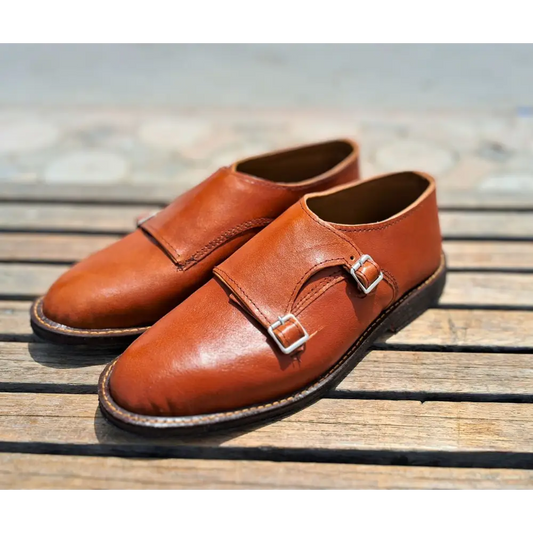 Double Strap Shoes Genuine Leather Plain toe Brown - 41 - Leather Shoes for men