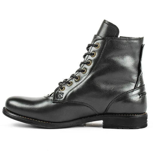 Men Cowboy Boots Retro Lace-up Martin Boot Round Toe Low Heel Shoes - Leather Shoes for men