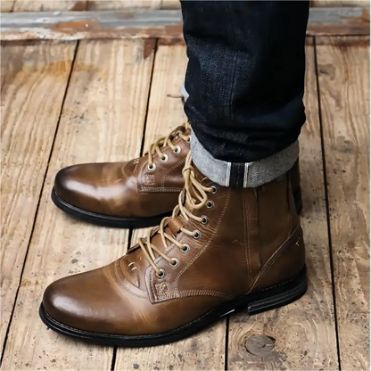 Men Cowboy Boots Retro Lace-up Martin Boot Round Toe Low Heel Shoes - Leather Shoes for men