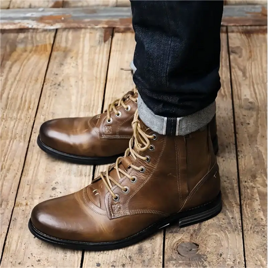 Men Cowboy Boots Retro Lace-up Martin Boot Round Toe Low Heel Shoes - Leather Shoes for men