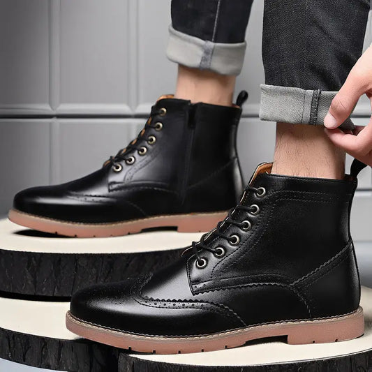 Men’s High-top Business Casual Leather Shoes British Martin Boots - Leather Shoes for men