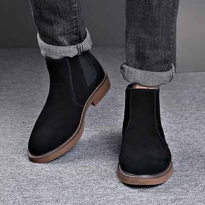 Men’s Suede Leather Autumn And Winter New Fleece-lined Pointed Ankle Boots - Leather Shoes for men